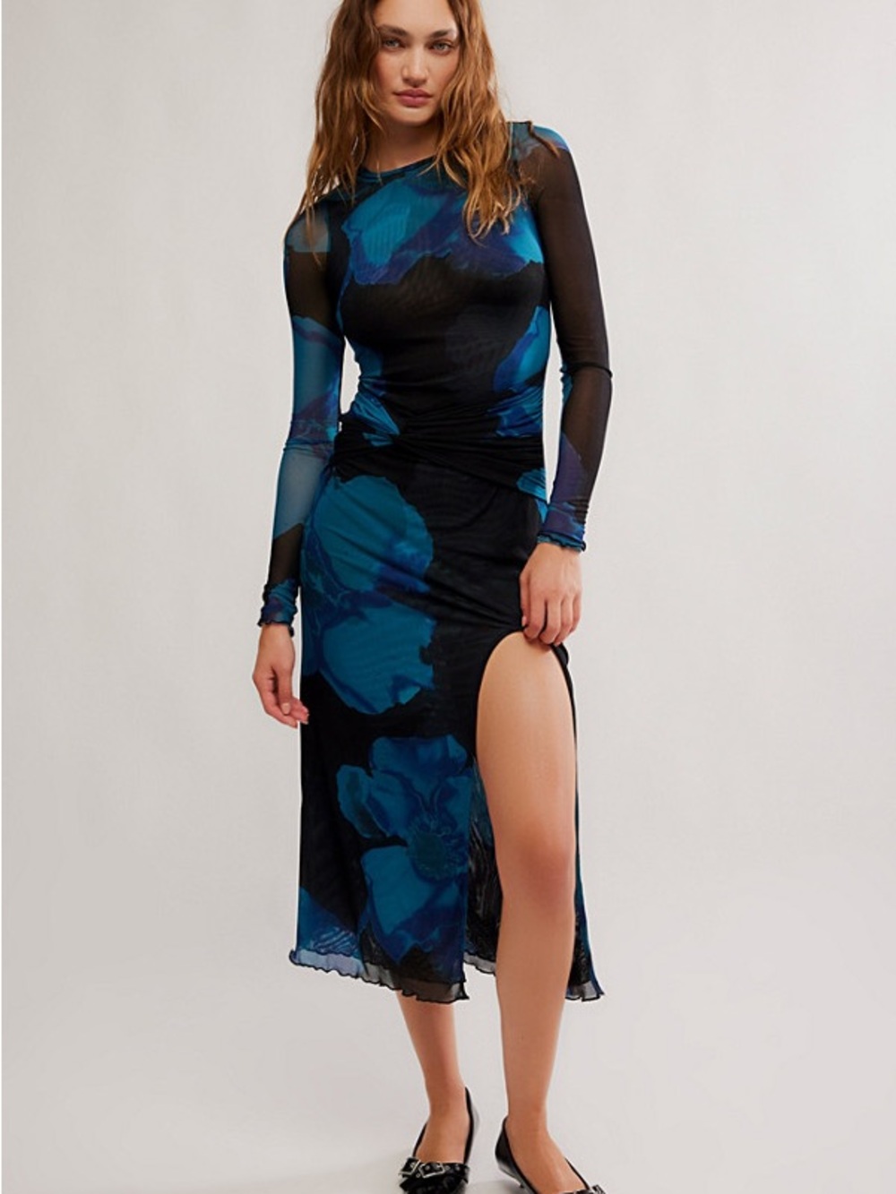 Free People Sheer Long-Sleeve Blue Floral Midi Dress with Side Slit